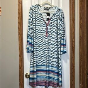 Ice Silk Blue and White Buttoned Midi Dress with 3/4 Sleeves NWT